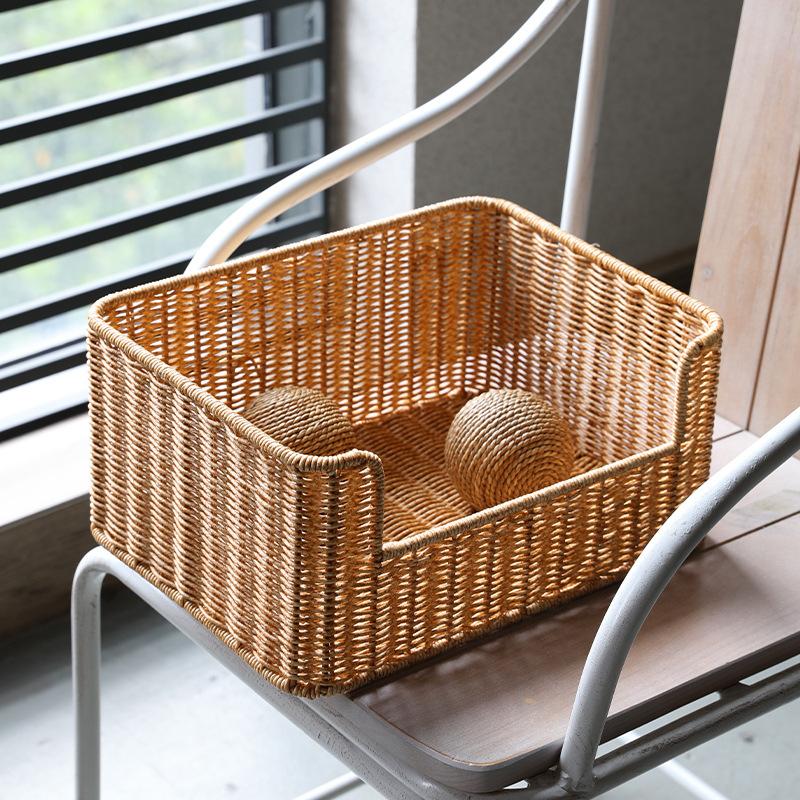 Imitation Rattan Storage Basket, File Organizer for Books Magazines, Study Office Desk & Cabinet Shelf Decor