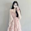 Spring 2026 Women's Sweet Ruffle Maxi Dress Set with Jacket and Cinched Waist Spaghetti Straps