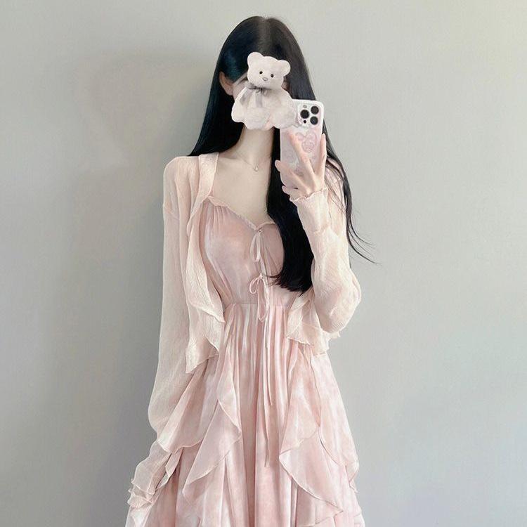 Spring 2026 Women's Sweet Ruffle Maxi Dress Set with Jacket and Cinched Waist Spaghetti Straps