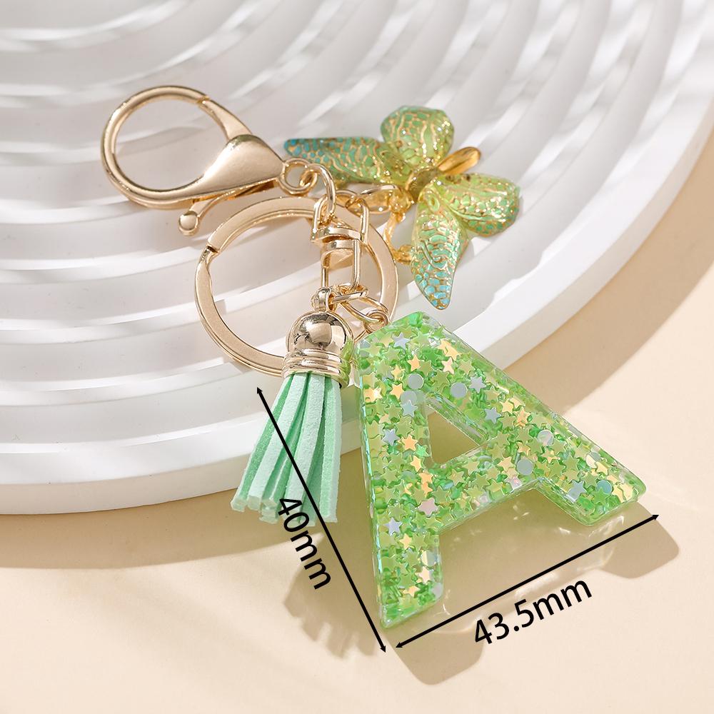 1pc Alloy A-Z Alphabet Keychain With Resin Green Butterfly Letter Key Chain for Backpack Charm Gifts Crafts Key Ring Findings