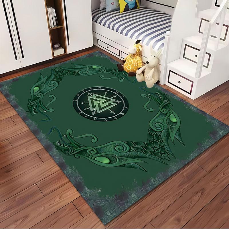 Viking Green Dragon Carpet Design suitable as a non-slip mat for the living room or bedroom sofa