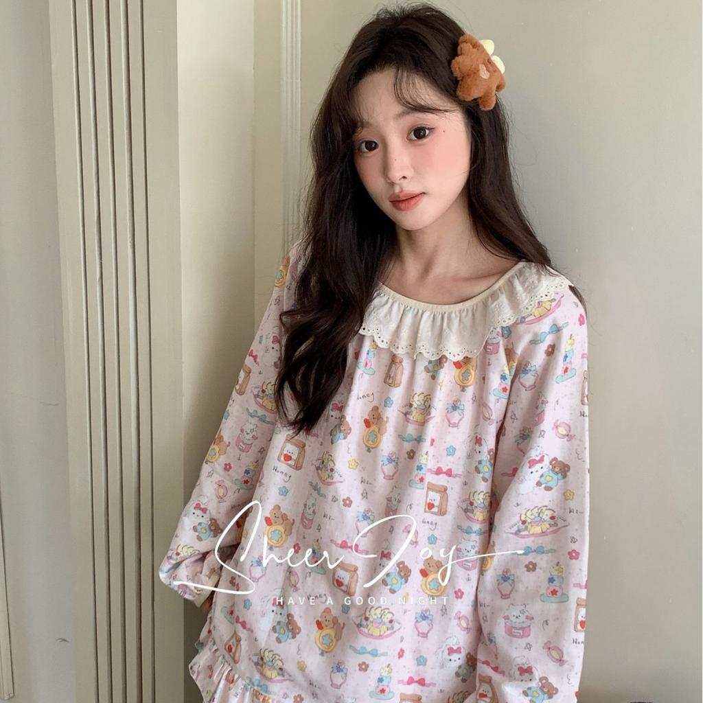 Autumn and winter new cotton double-layer yarn soft lace floral women's loungewear long sleeves trousers star language star wish powder