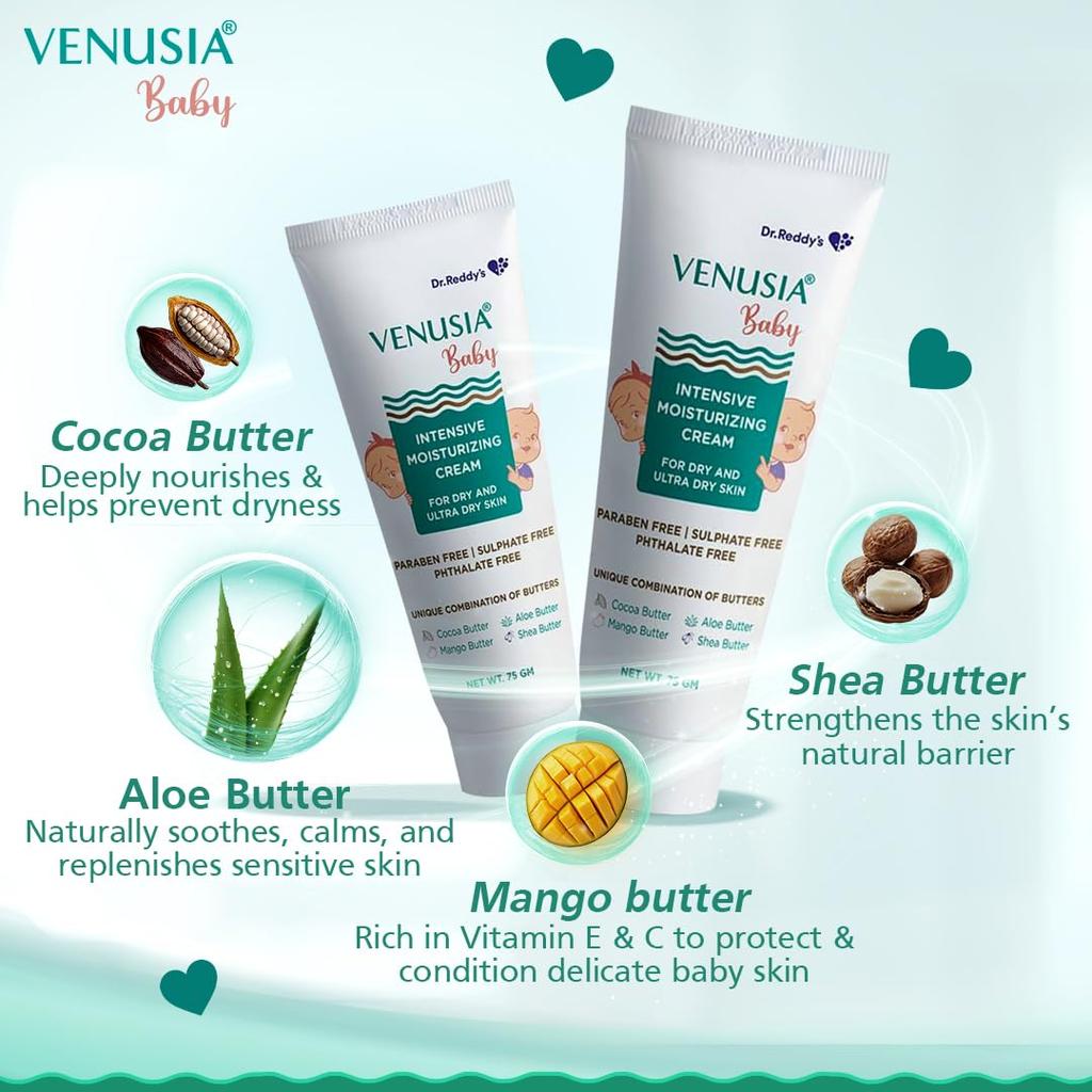 VENUSIA Dr. Reddy's Baby Intensive Moisturizing Cream 75g Pack of 2 | Gentle Hydrating Skin Care with Shea, Aloe, Cocoa & Mango Butters