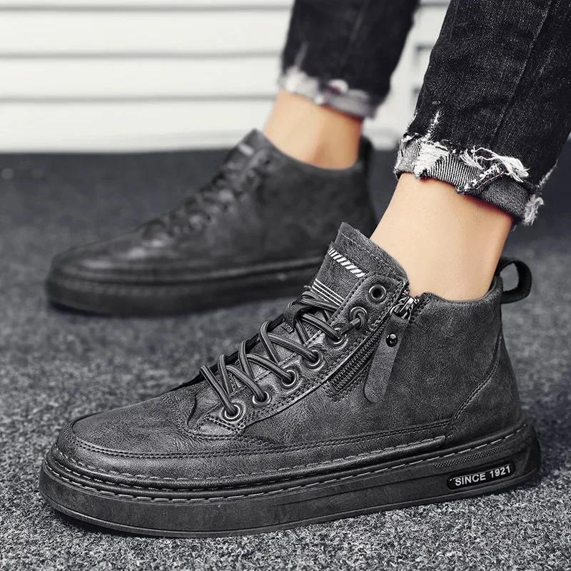 Leather Boots Men Spring High Casual Shoes for Men Trend Zipper Walk Flats Winter Shoes Vulcanized Ankle Boots New Zapatillas