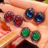 Copper Bottom Gold-Plated Ice Seed Fluorescence Simulation Red Corundum Black Gold Stud Earrings 10 * 12