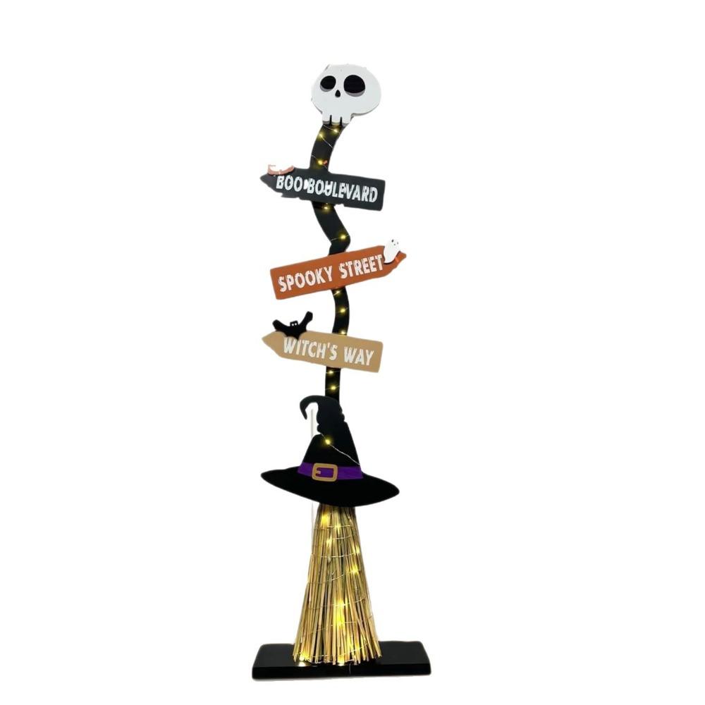 Spooky Design Wooden Witch Broom with Base Halloween Broomstick Ornament  Yard Ornament