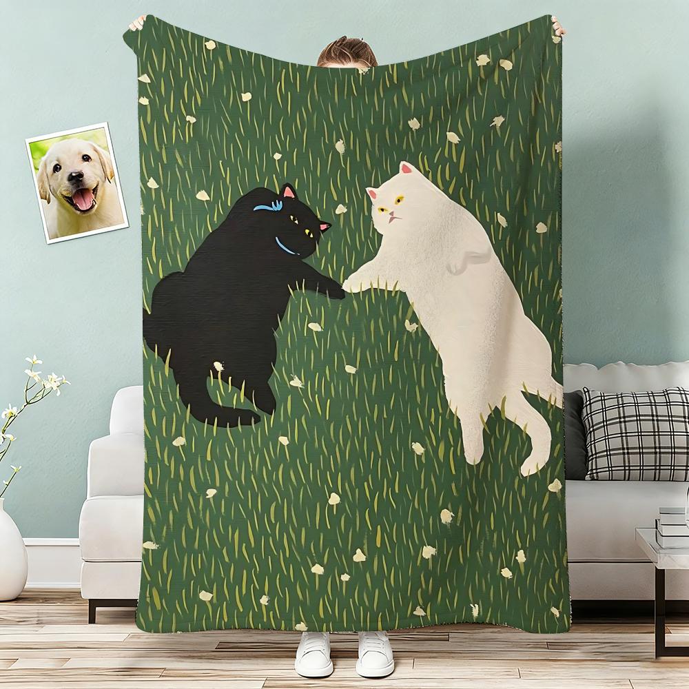 Funny Cute Lovers Cat Throw Lightweight 240g Flannel Blanket Soft Skin-friendly for Summer Cooling 75x90cm