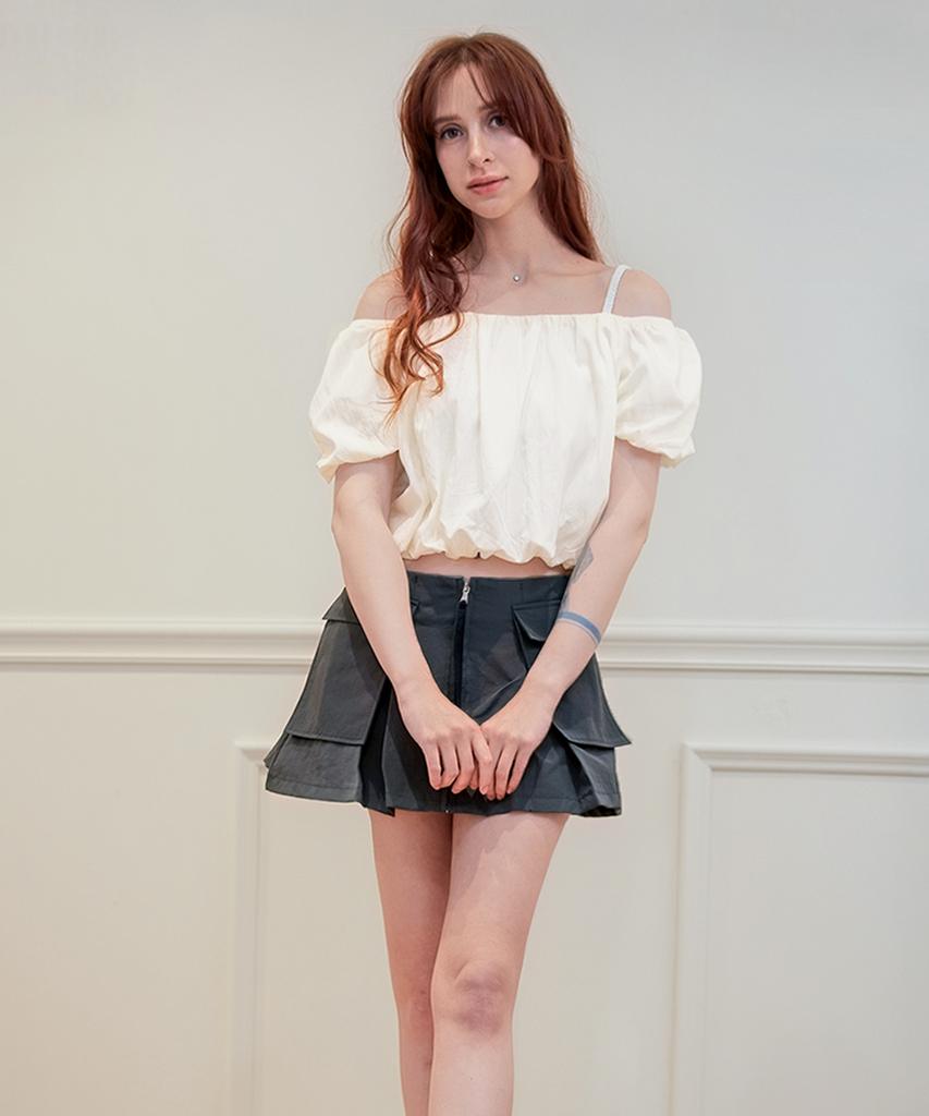 Keulleiseu Puff Sleeve Short Sleeve Crop Blouse_Cream