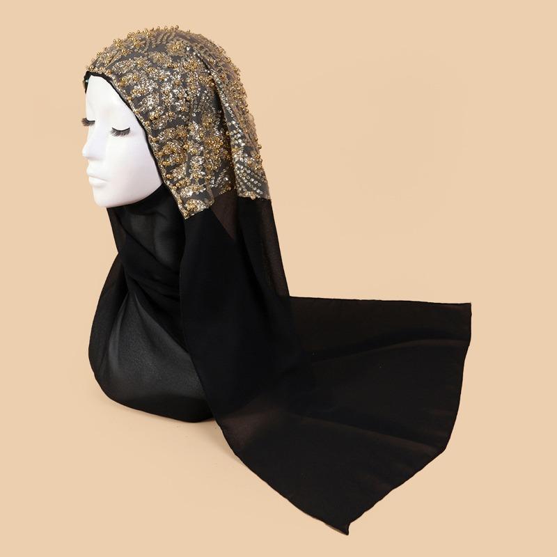 Mei Scarf Ethnic Style Yarn, Hijab Chiffon Bead Long Scarf, High-end Headscarf, Minority Ethnic Group