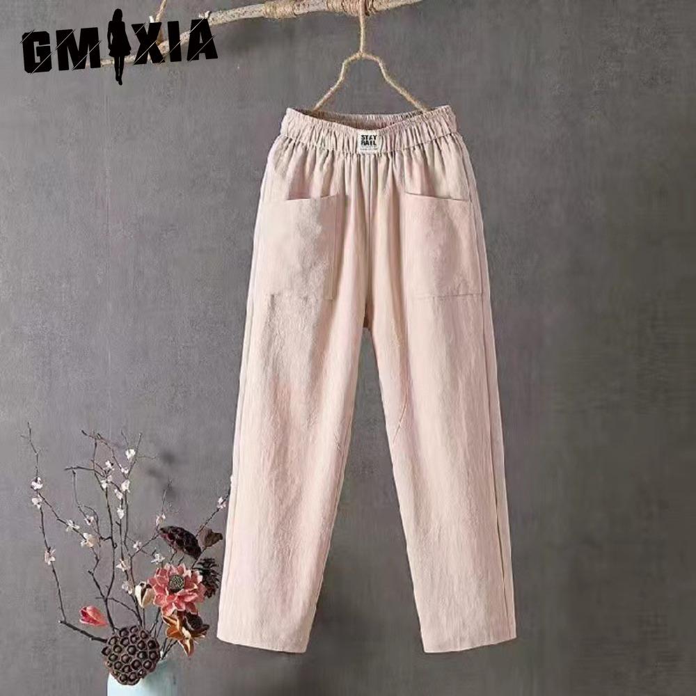 

GMXIA Летние женские брюки Повседневные хлопково-льняные брюки Свободные прямые брюки Брюки гаремы длиной девять точек XXXXL бежевый