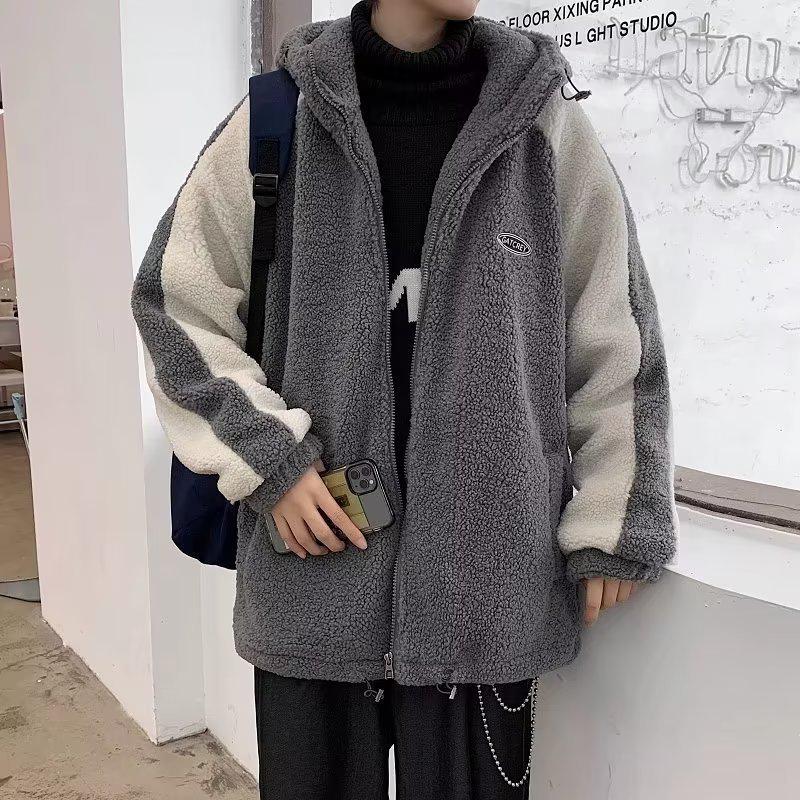 Men's Winter Sherpa Fleece Hooded Jacket - Korean Style Color Block Lambswool Patchwork