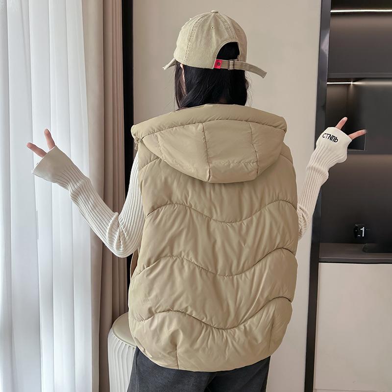 Down Cotton Vest Women's Autumn and Winter New Korean Style Loose Solid Color Vest Hooded Jacket