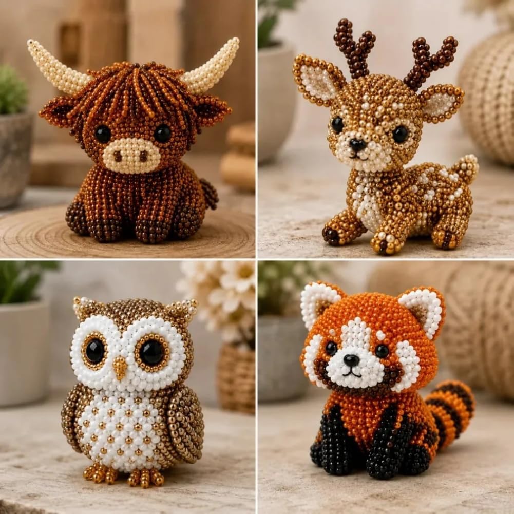 Petite 3D Perlen-Tier Bastelset Handgemachtes Perlenstickerei Set mit bunten Perlen & Anleitung Kreatives Basteln Geschenk für Erwachsene & Anfänger