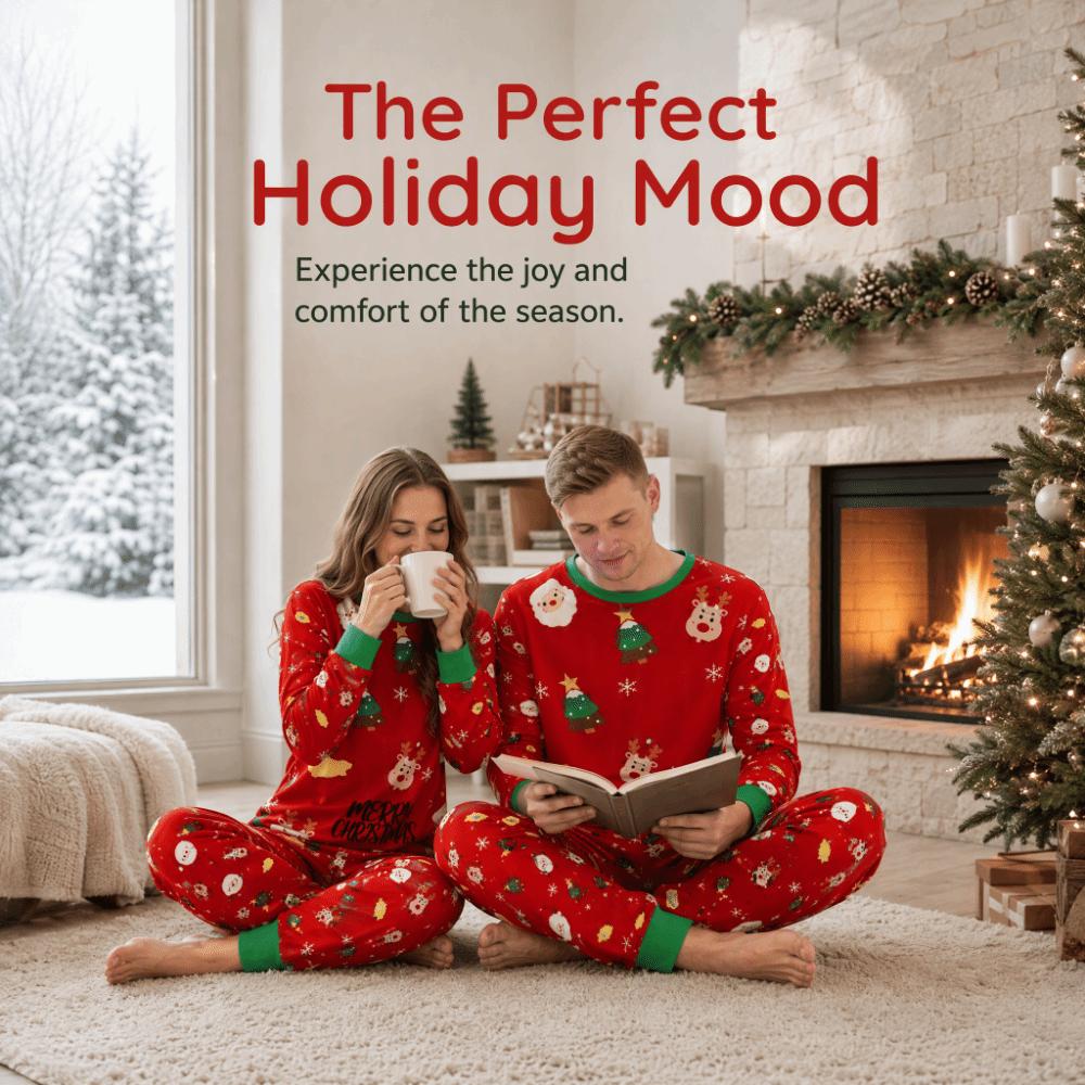 Long Sleeve Family Matching Pyjamas Printed Top+Pants Red Couple Christmas Outfit Adult Kids