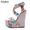 Fashion Eilyken Summer Fashion Wedge Platform Sandals Woman Buckle Strap Silk Printed Sexy Female Party Casual Shoes