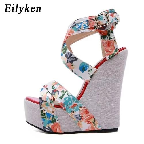 Fashion Eilyken Summer Fashion Wedge Platform Sandals Woman Buckle Strap Silk Printed Sexy Female Party Casual Shoes