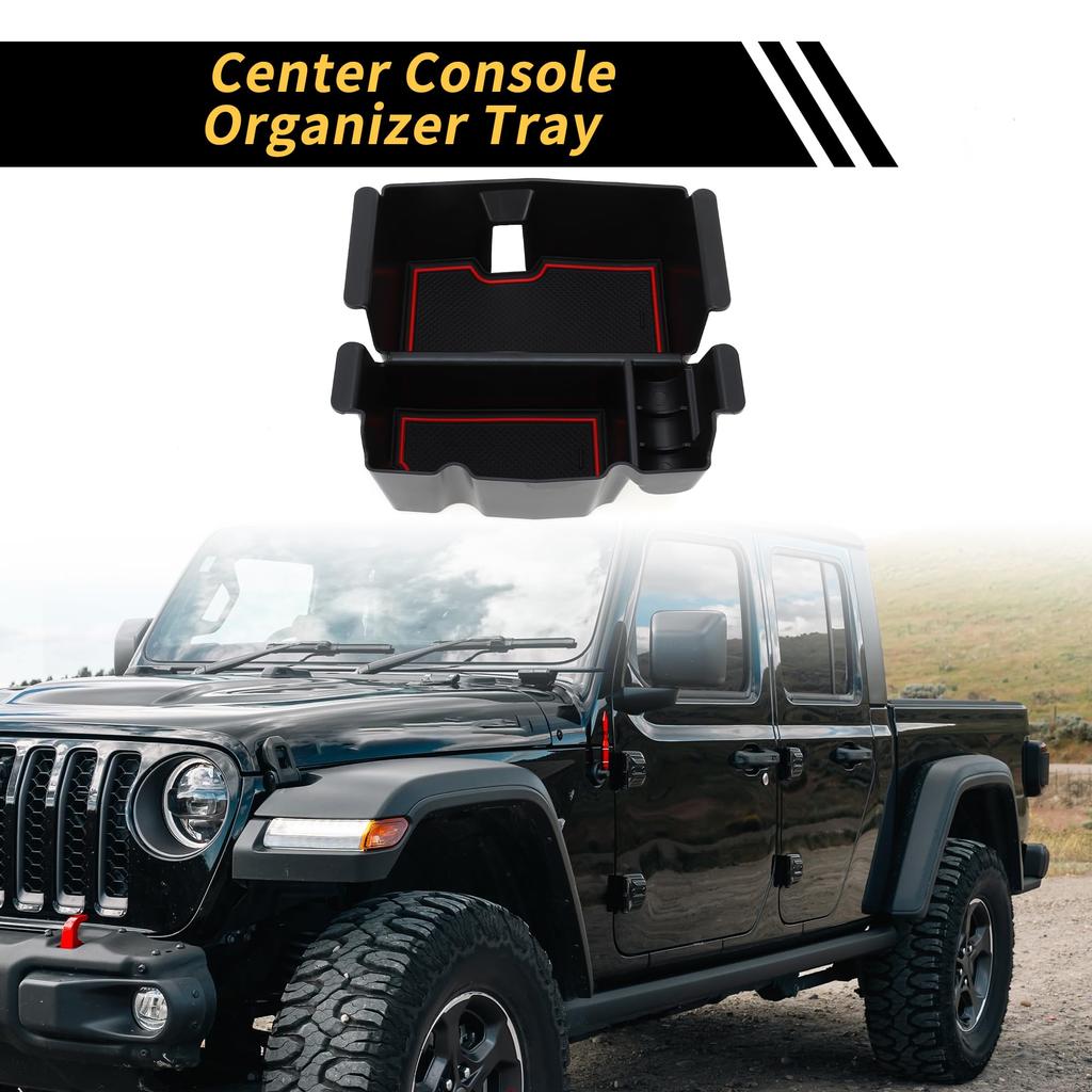 REPAIROCK Center Console Organizer Tray Armrest Storage Box Insert Tray Plastic Black Red for Jeep Wrangler JL JLU 2018-2022