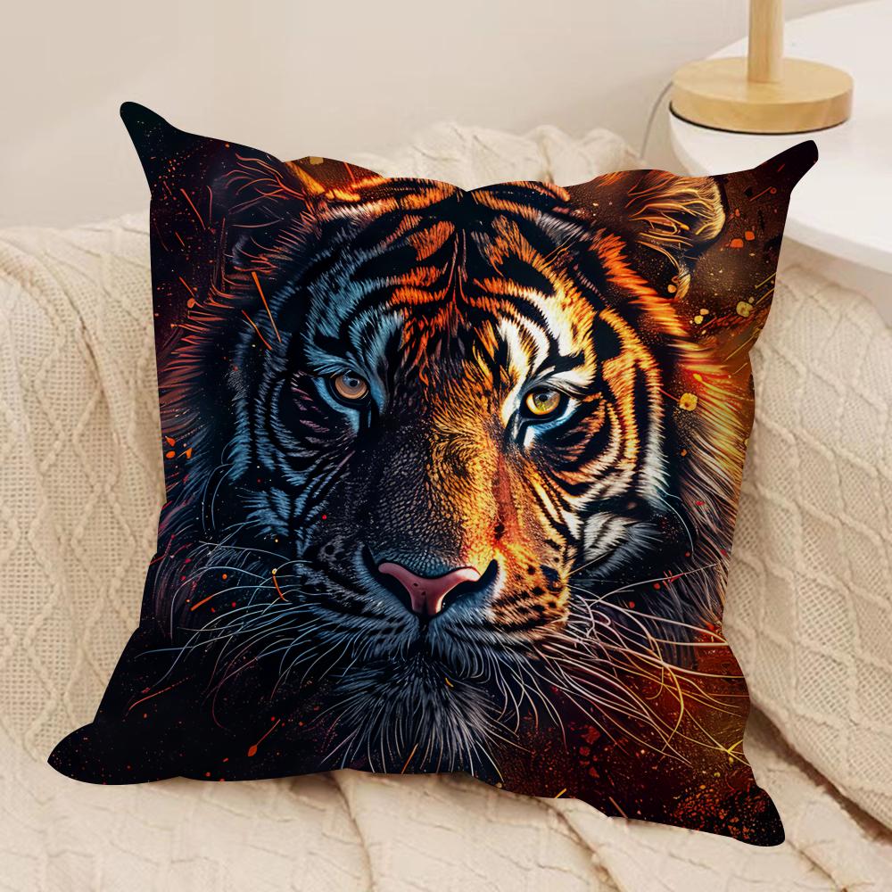 Tiger Animal Print Pattern Cushion Cover Silky Short Plush Invisible Zipper Dustproof Sofa Pillow Case For Home Decor