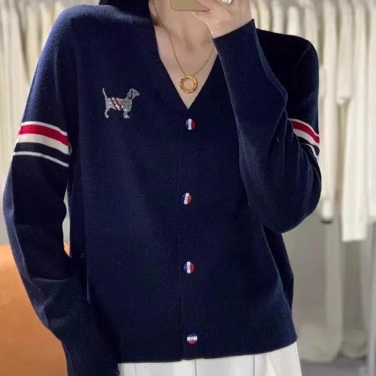 Women's Korean Style Embroidered Color Block Striped Sweater Cardigan