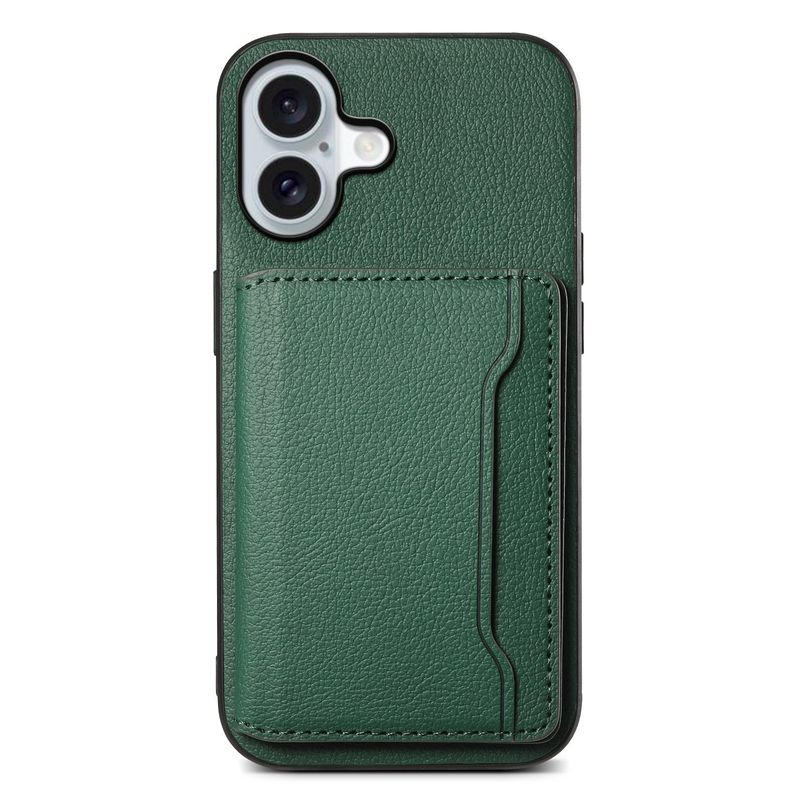 

For iPhone 17 Case with Card Slots Kickstand Calf Texture Leather Phone Back Cover Green