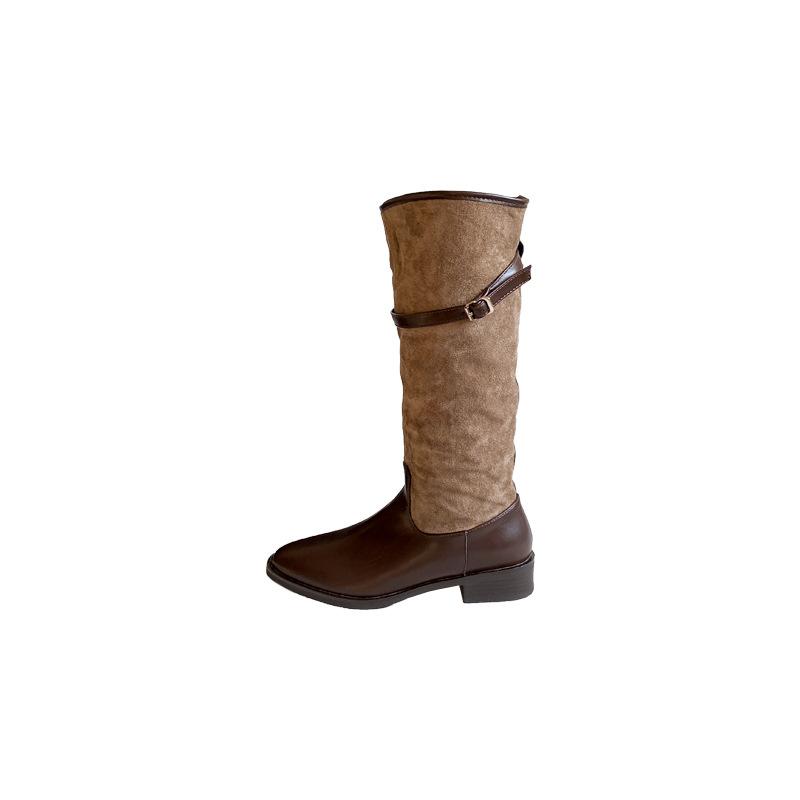 Autumn and winter new round head middle heel splicing temperament thin French fashion sexy beautiful women's boots