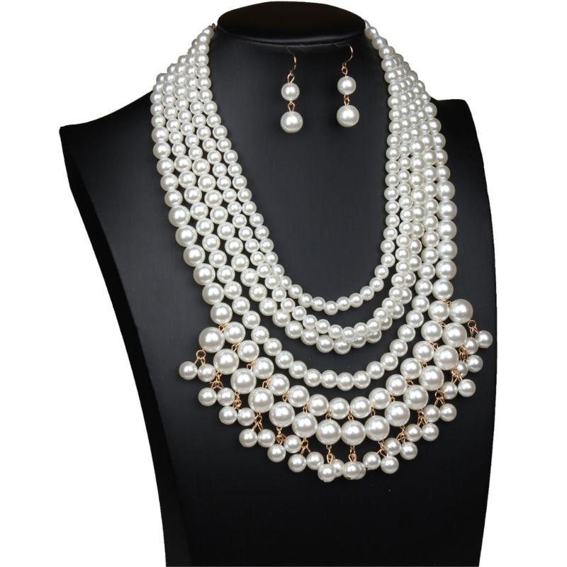 Simulated Pearls Necklace with Earrings Set Exaggerated Pearls Necklaces Present for Women Suitable for Any Occasion