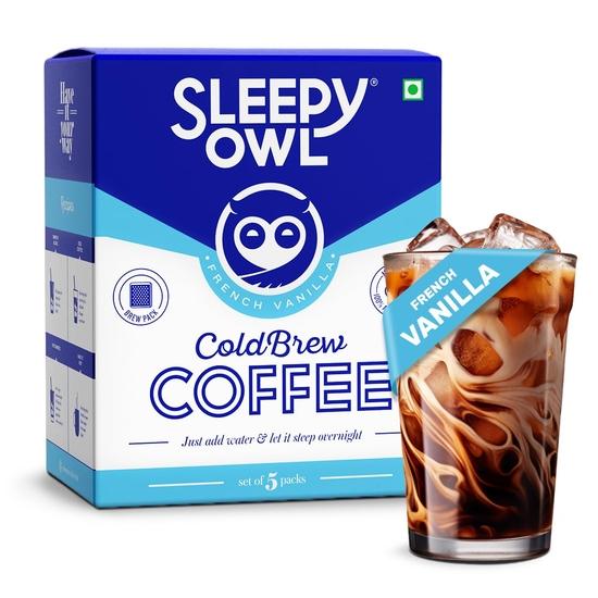 Sleepy Owl French Vanilla Cold Brew Coffee Bags | Set of 5 Packs - Makes 15 Cups | Easy 3 Step Overnight Brew - No Equipment Needed | Medium Roast