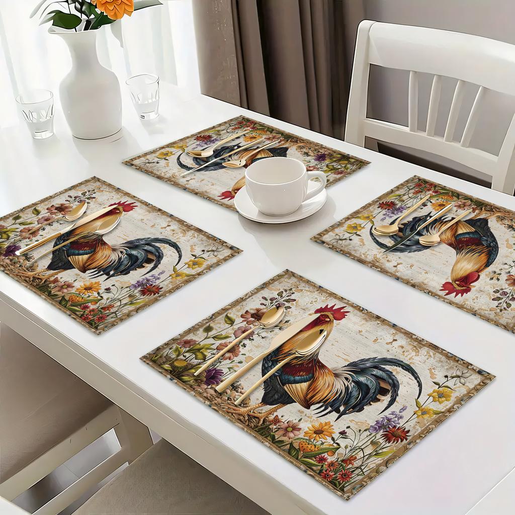 4/6Farmhouse Rooster Placemats Rustic Chicken Imitation Placemat Farm Heat Resistant Dining Place Mats Country Vintage Florals Table Mat