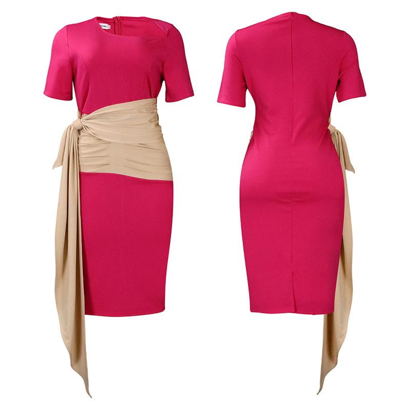 Pleated Strap Clothing Summer Short Color Matching Large Size Women's Sleeve Diagonal Collar Sheath Dress