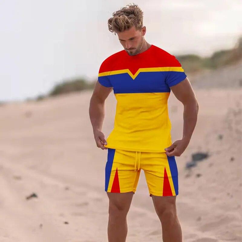 Summer Men Beach T Shirt Tracksuit 2 Piece Sets 3D Print All-Match Sports Short Sleeve Round Neck Casual Style Clothing 6XL