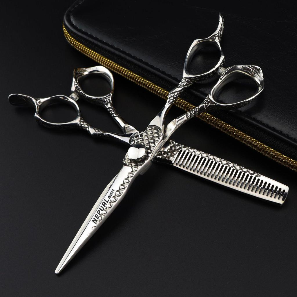 6.0" Silver Dragon Handle Hairdressing Scissors - Straight & Thinning Shears