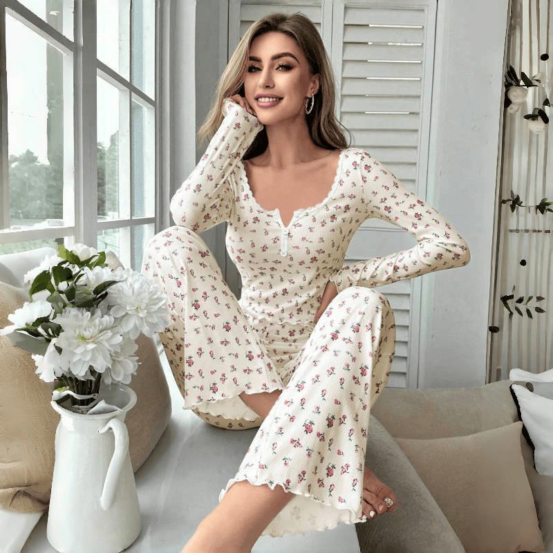 Europäischer und Amerikanischer Stil Damen Herbst- und Winter-Pyjama-Set Blumenmuster Langarm-Oberteil und Lange Hose Mode Lässige Loungewear
