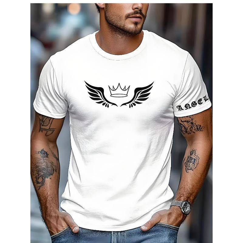 European sizes Men'S Angel Wings Letter Print Casual Comfortable Short Sleeve Crew Neck T-Shirt | Perfect for Outdoor, Holidays