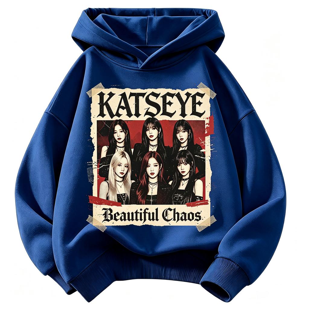 KATSEYE Beautiful Chaos Vintage Poster Kids Hoodie, Retro Group Photo Graphic Pullover Sweatshirt Unisex Boys Girls Kpop Fan Streetwear Tops