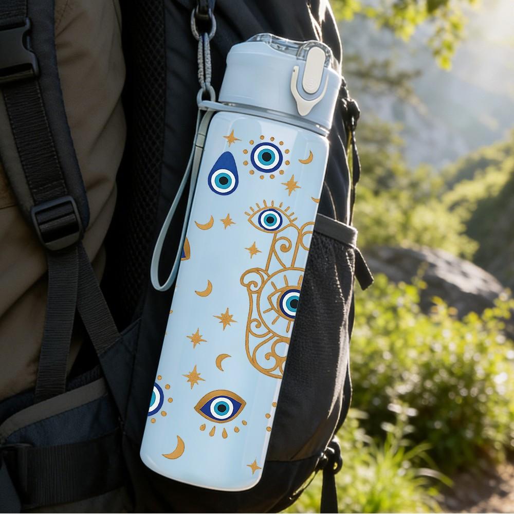 1 Stück Nazar Amulett Boho Nahtloser Druck 750ml Farbe Kunststoff Sport Wasserflasche Auslaufsicher Klappdeckel mit Strohhalm Geeignet für Sport Büro Zuhause