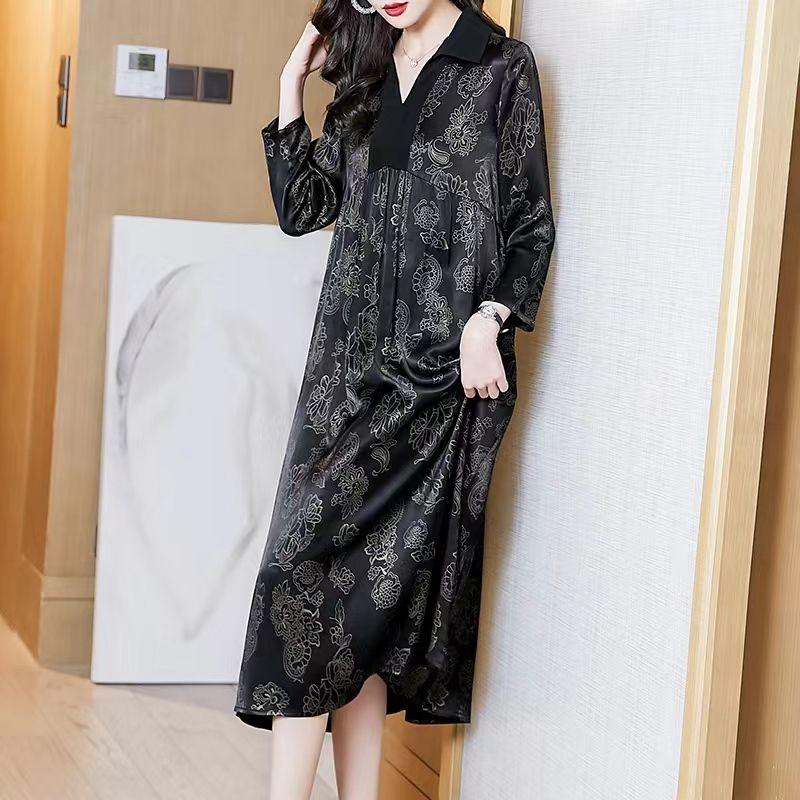 Casual Turn-down Collar Spliced Dresses Vintage Floral Printed Spring Summer 3/4 Sleeve Loose A-Line Long Dress