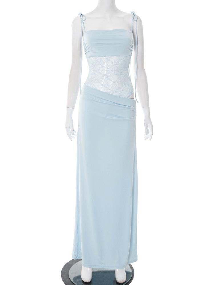 

Elegant Burgundy Strapless Maxi Dress with Lace Waist Detail, Formal Evening Gown XL світло-синій колір