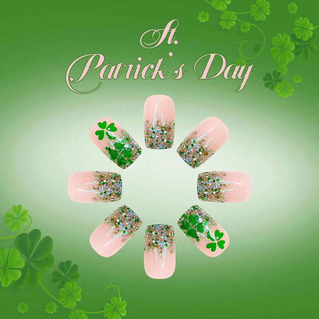 Green Glitter French Clover Artificial Nails 24 Pieces Short Matte False Nails For Daily Use
