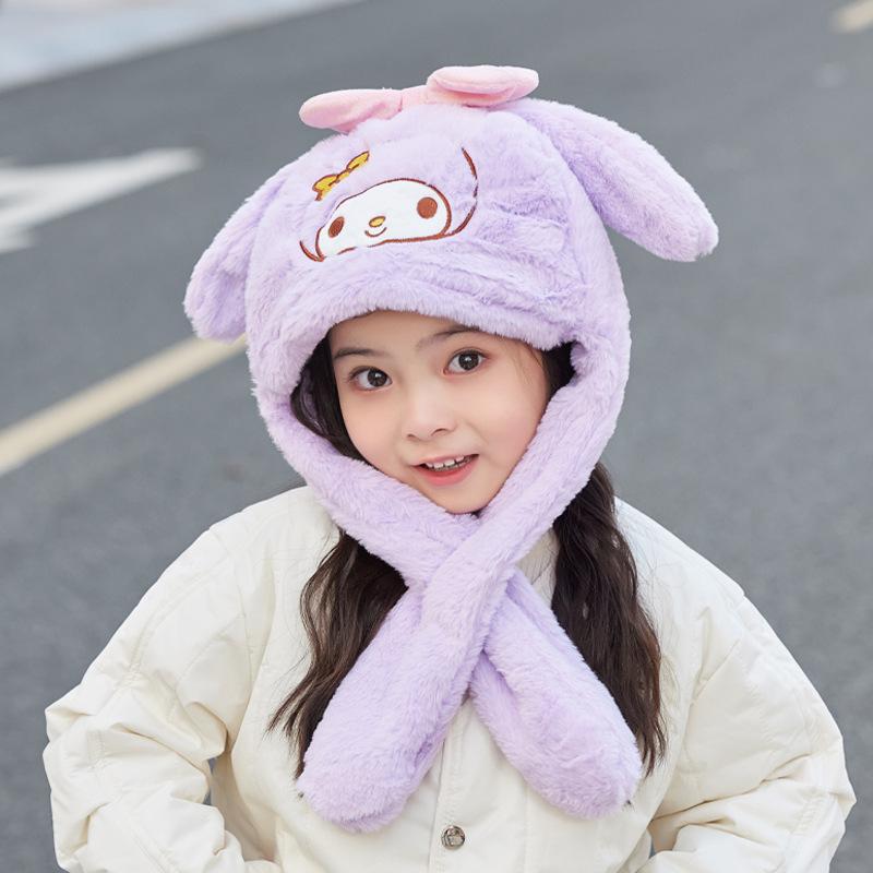 Ears Move Children's Hats Cartoon Cute Plush Ear Protectors Pullover Hat Winter Outdoor Warm Scarf Integrated Hat