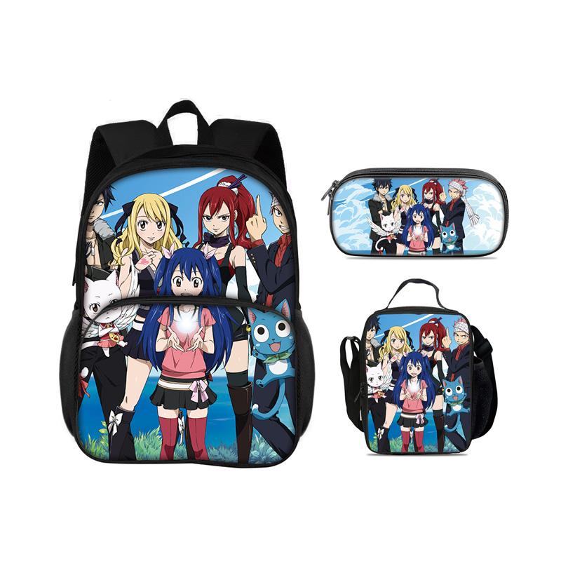 FAIRY TAIL Round Front Bag Backpack Pen Bag Ice Bag 3Pcs Set Cartoon Anime Printed Student Boys and Girls New Versatile