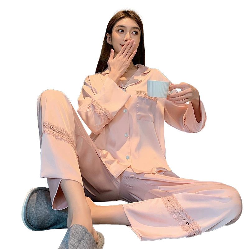 Splicing Lace Temperament Girls Pajamas Ice Silk Long Sleeves Casual Sweet Wind Solid Color Loungewear