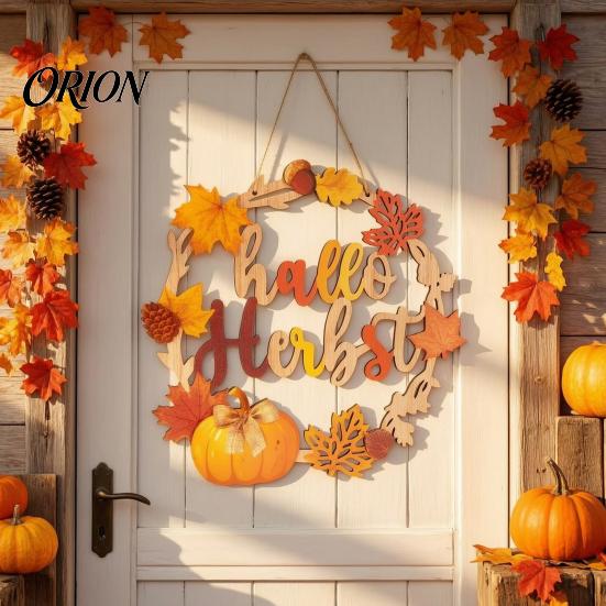Rustic Farmhouse Wall Art Autumn Harvest Wooden Wreath Pendant, Front Door Hanging Ornaments with Hemp Rope, Natural Wood Fall Sign Pumpkins