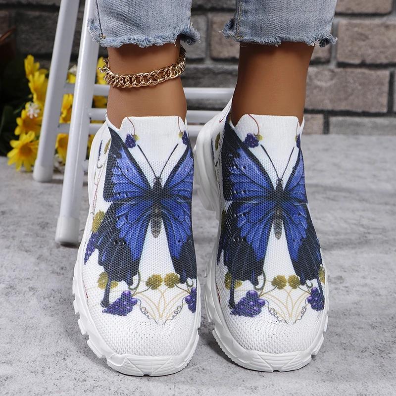 Fashion Thick Bottom Platform Breathable Knitted Sneakers Women Autumn 2025 Butterfly Print Slip On Casual Shoes Woman Non Slip Flats 43