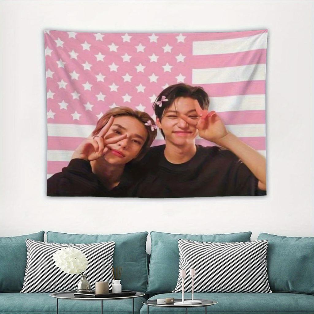 K-Pop Pink Flag Tapestry, Cute Peace Sign Pose Print Polyester Wall Hanging, Fan Themed Home Decor For Bedroom & Dorm