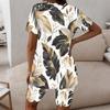 Women Plus Size Round Neck Short Sleeve Black Gold Leaf Printed Longline Top Fitted Shorts Two Piece Set