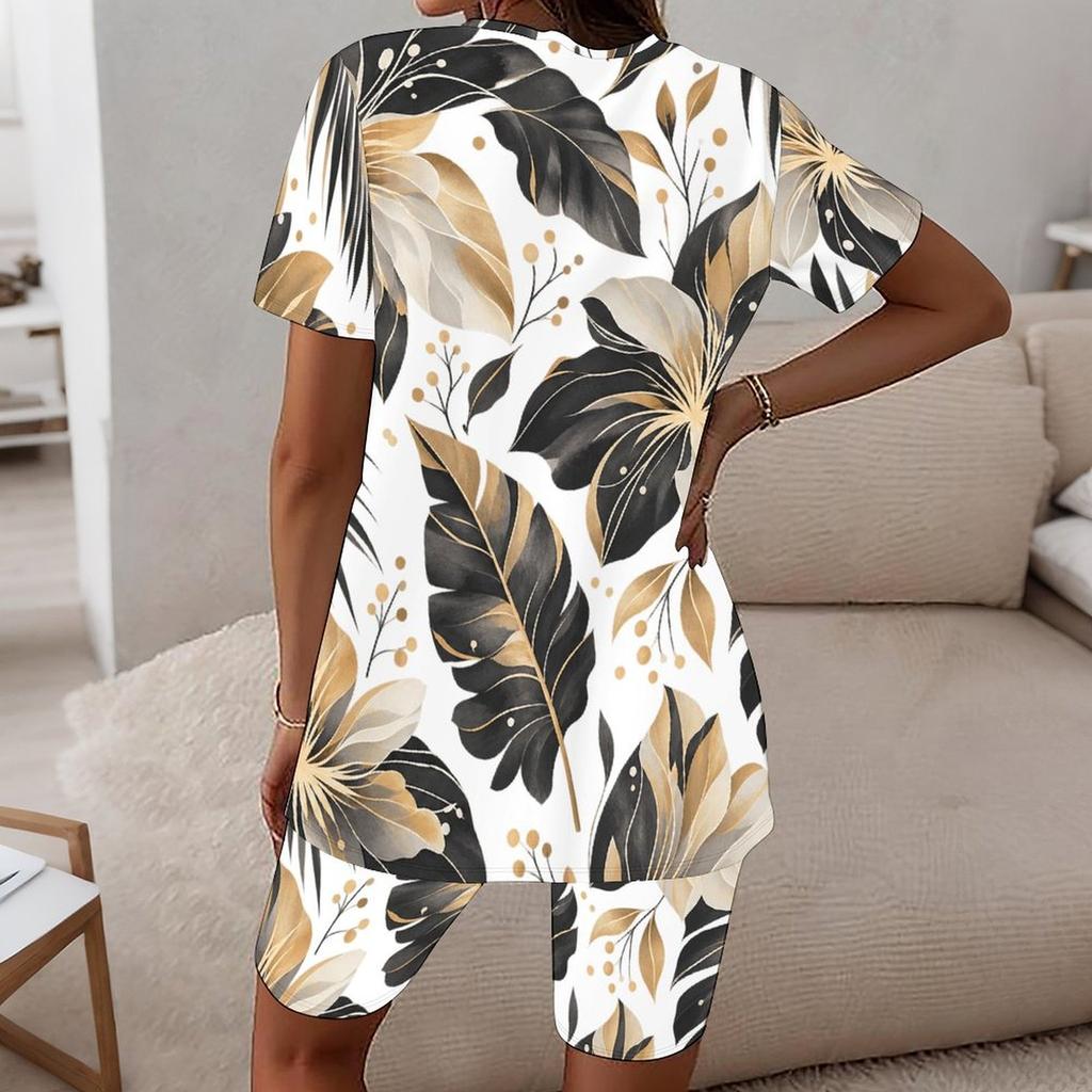 Women Plus Size Round Neck Short Sleeve Black Gold Leaf Printed Longline Top Fitted Shorts Two Piece Set