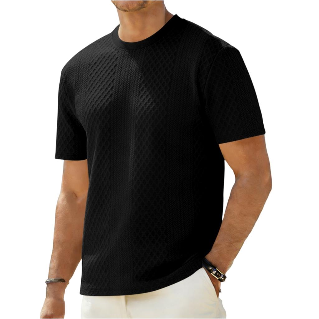 Men's Casual And Fashionable -color Textured T-shirt With Round Neck And Short Sleeves