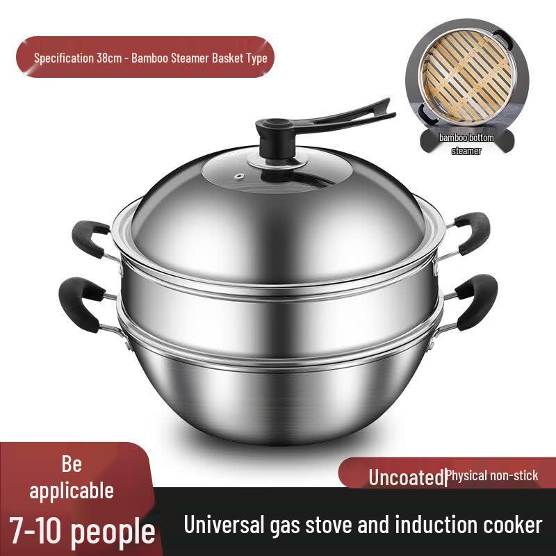 38cm Fine Iron Non-stick Wok with Lid and Bamboo Steamer