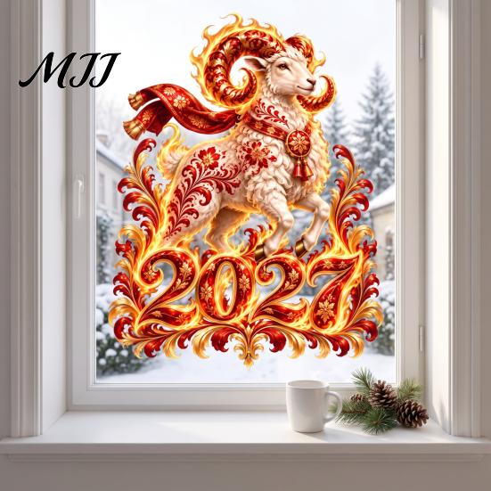 Electrostatic Glass Stickers for Home 2027 Russian New Year Flame Goat Static Sticker, PVC Zodiac Sheep Window Cling and Indoor And Outdoor
