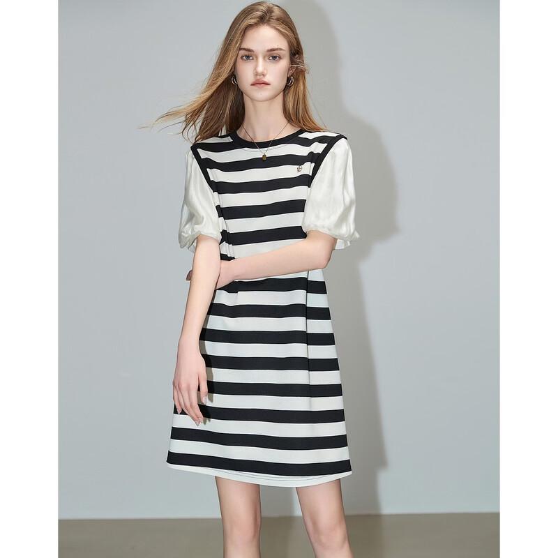 Demana Summer Lyocell Patchwork Striped Round Neck Lantern Sleeve Dress
